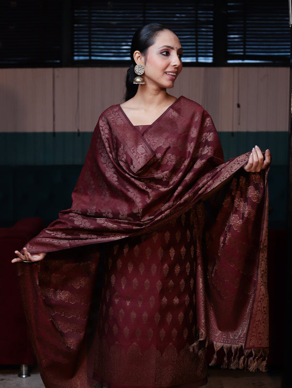 Banarasee Cotton Silk Resham Work Salwar Kameez Fabric With Dupatta Set-Dark Maroon