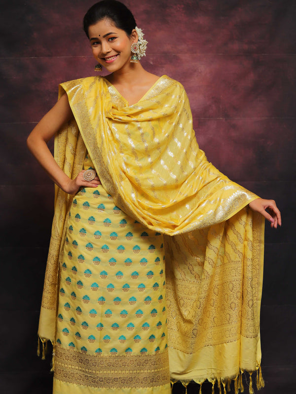 Banarasee Chanderi Cotton Zari & Meena Work Salwar Kameez Dupatta Set-Yellow