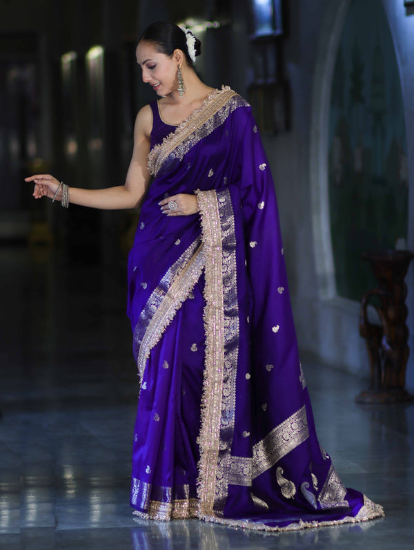 Banarasee Handloom Semi Silk Saree With Zari Buti Design Border & Lace-Violet