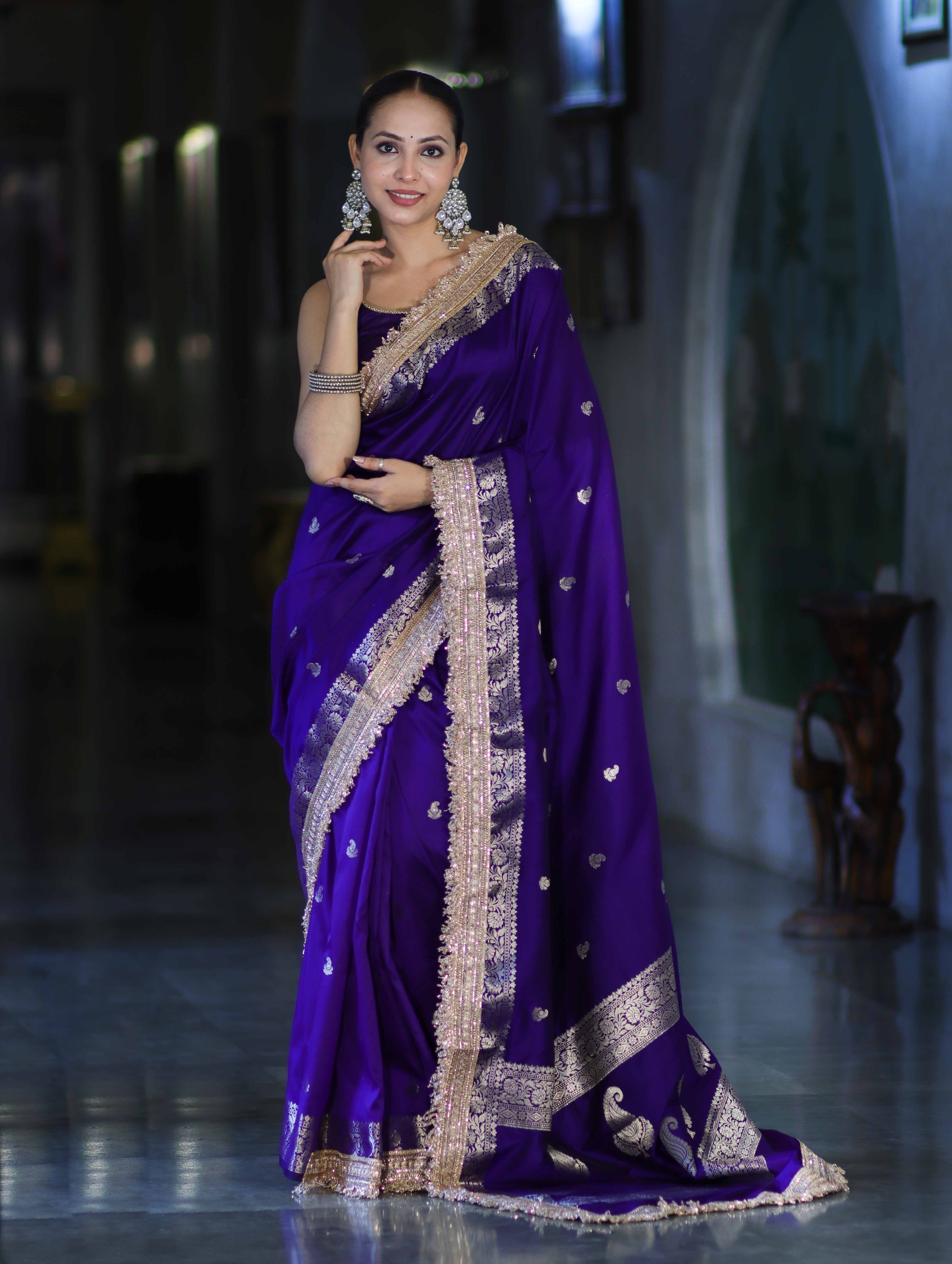 Banarasee Handloom Semi Silk Saree With Zari Buti Design Border & Lace-Violet