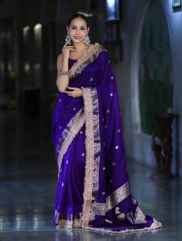 Banarasee Handloom Semi Silk Saree With Zari Buti Design Border & Lace-Violet