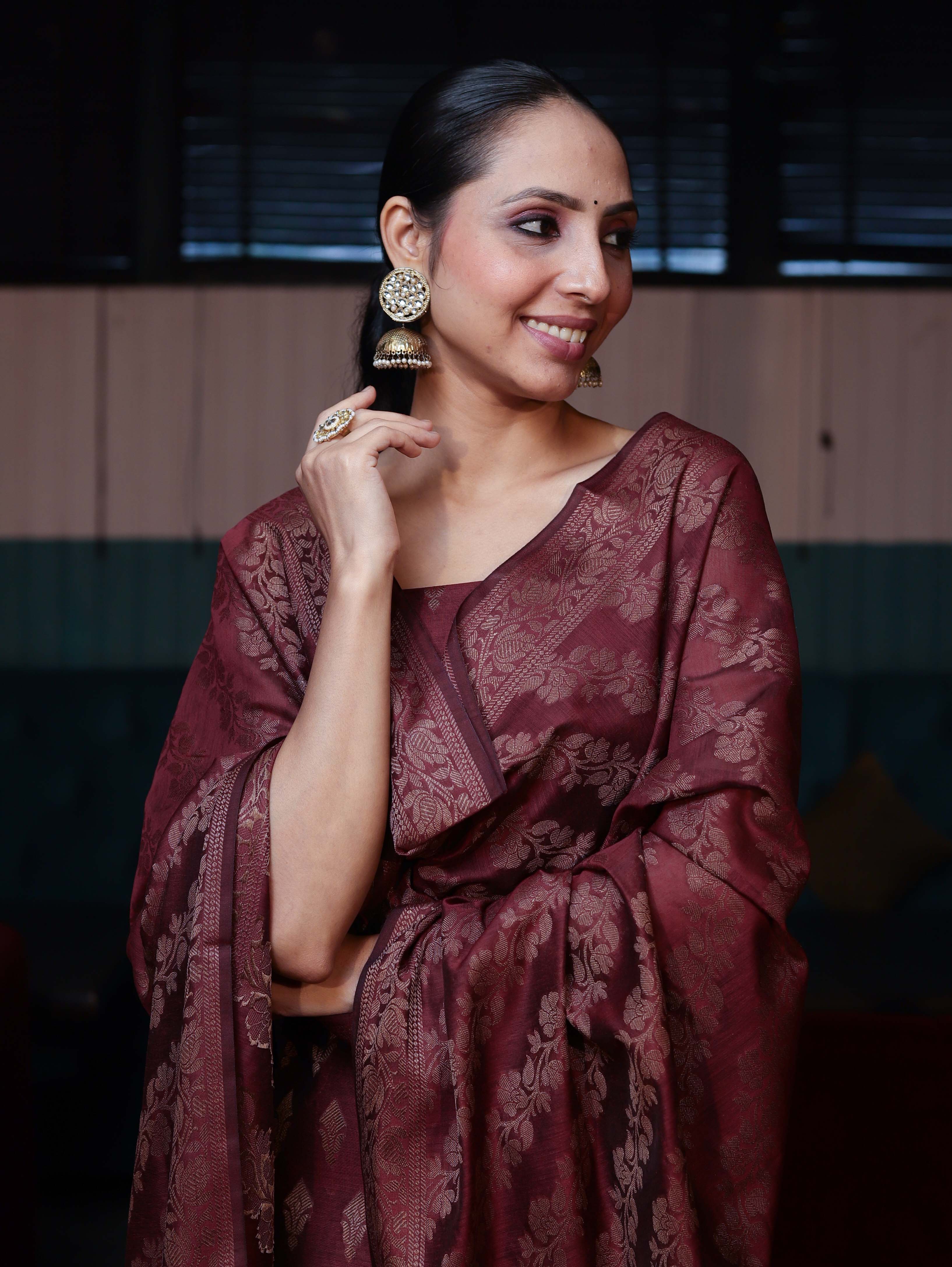 Banarasee Cotton Silk Resham Work Salwar Kameez Fabric With Dupatta Set-Dark Maroon