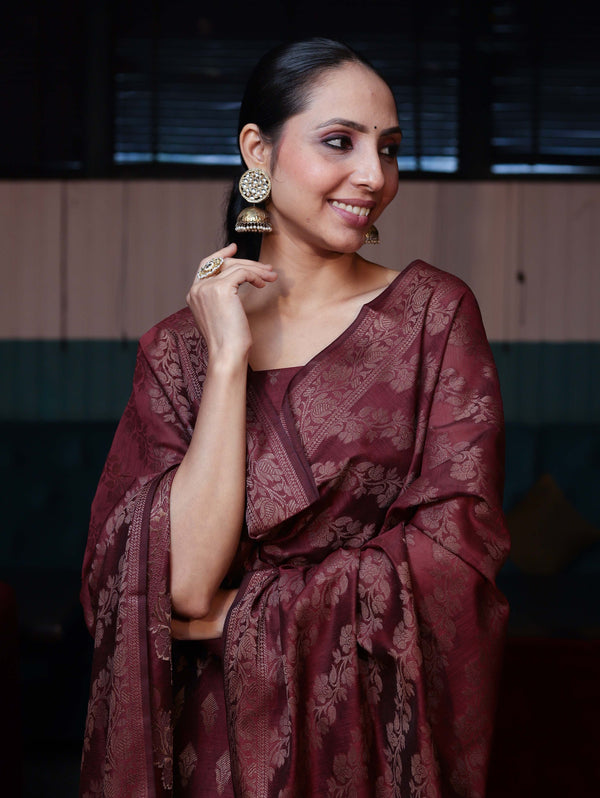 Banarasee Cotton Silk Resham Work Salwar Kameez Fabric With Dupatta Set-Dark Maroon