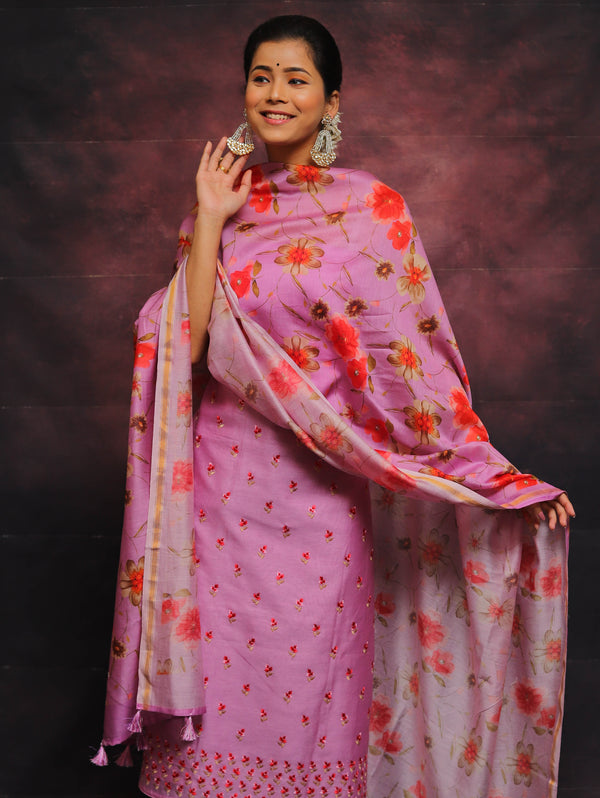 Banarasee Chanderi Cotton Embroidered Salwar Kameez Fabric With Digital Print Dupatta-Lilac