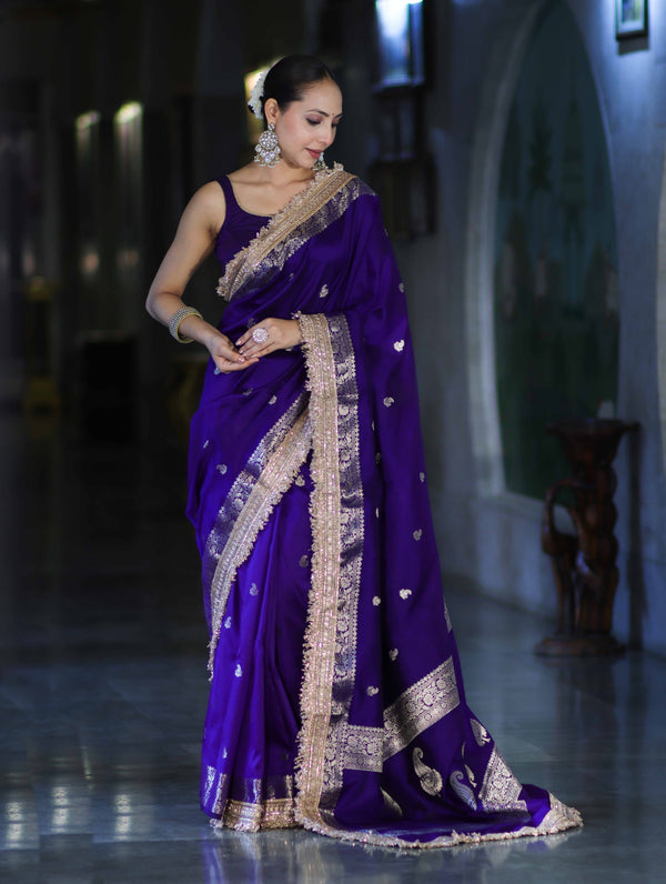 Banarasee Handloom Semi Silk Saree With Zari Buti Design Border & Lace-Violet