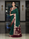 Banarasee Handloom Plain Semi Silk Saree With Zari Woven Contrast Border-Green & Maroon