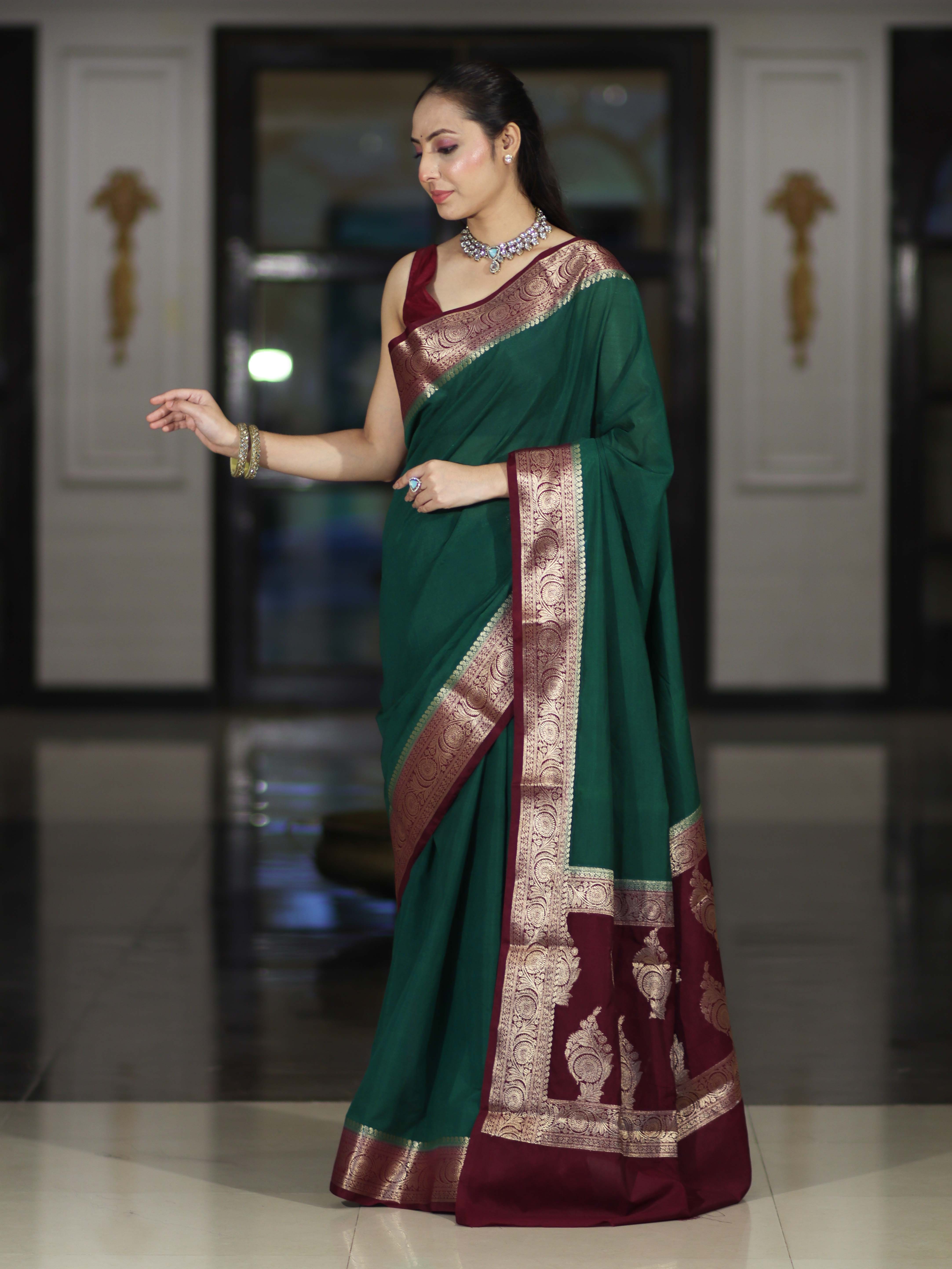 Banarasee Handloom Plain Semi Silk Saree With Zari Woven Contrast Border-Green & Maroon