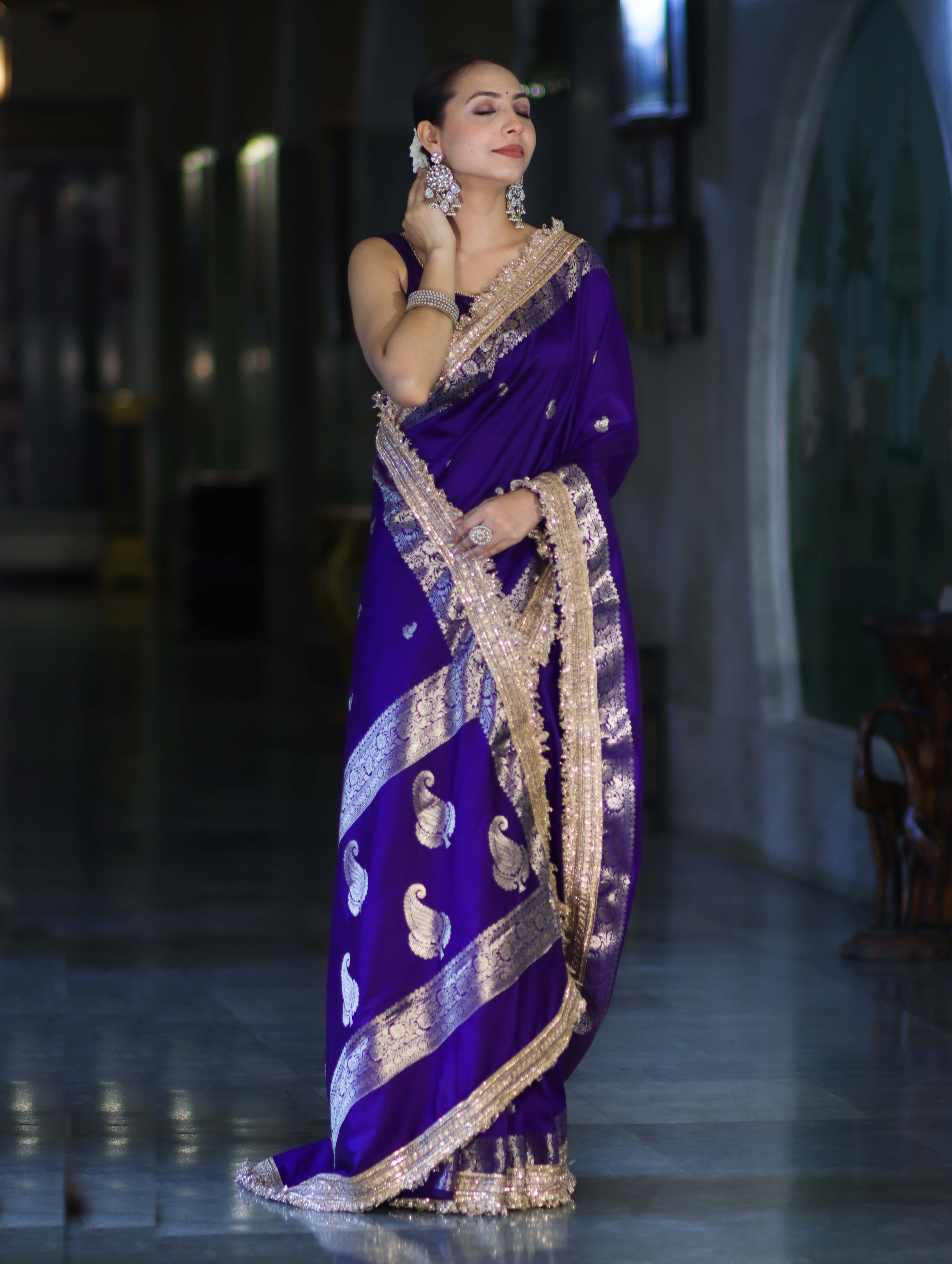 Banarasee Handloom Semi Silk Saree With Zari Buti Design Border & Lace-Violet