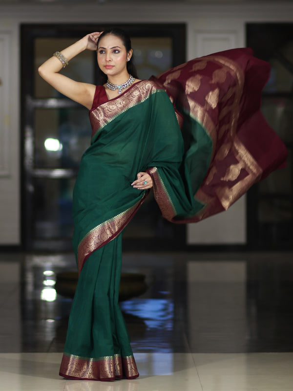 Banarasee Handloom Plain Semi Silk Saree With Zari Woven Contrast Border-Green & Maroon