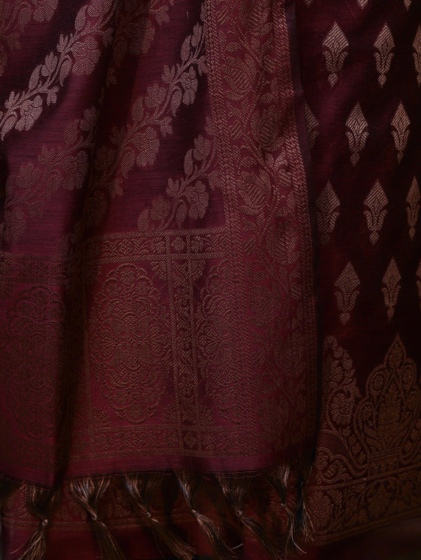 Banarasee Cotton Silk Resham Work Salwar Kameez Fabric With Dupatta Set-Dark Maroon