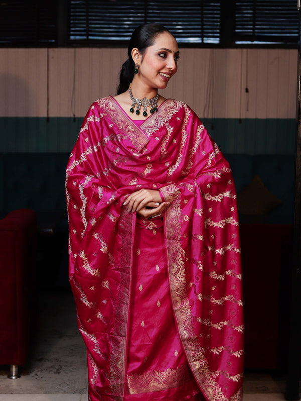 Banarasee Semi Katan Silk Zari Work Salwar Kameez Fabric With Dupatta Set-Magenta