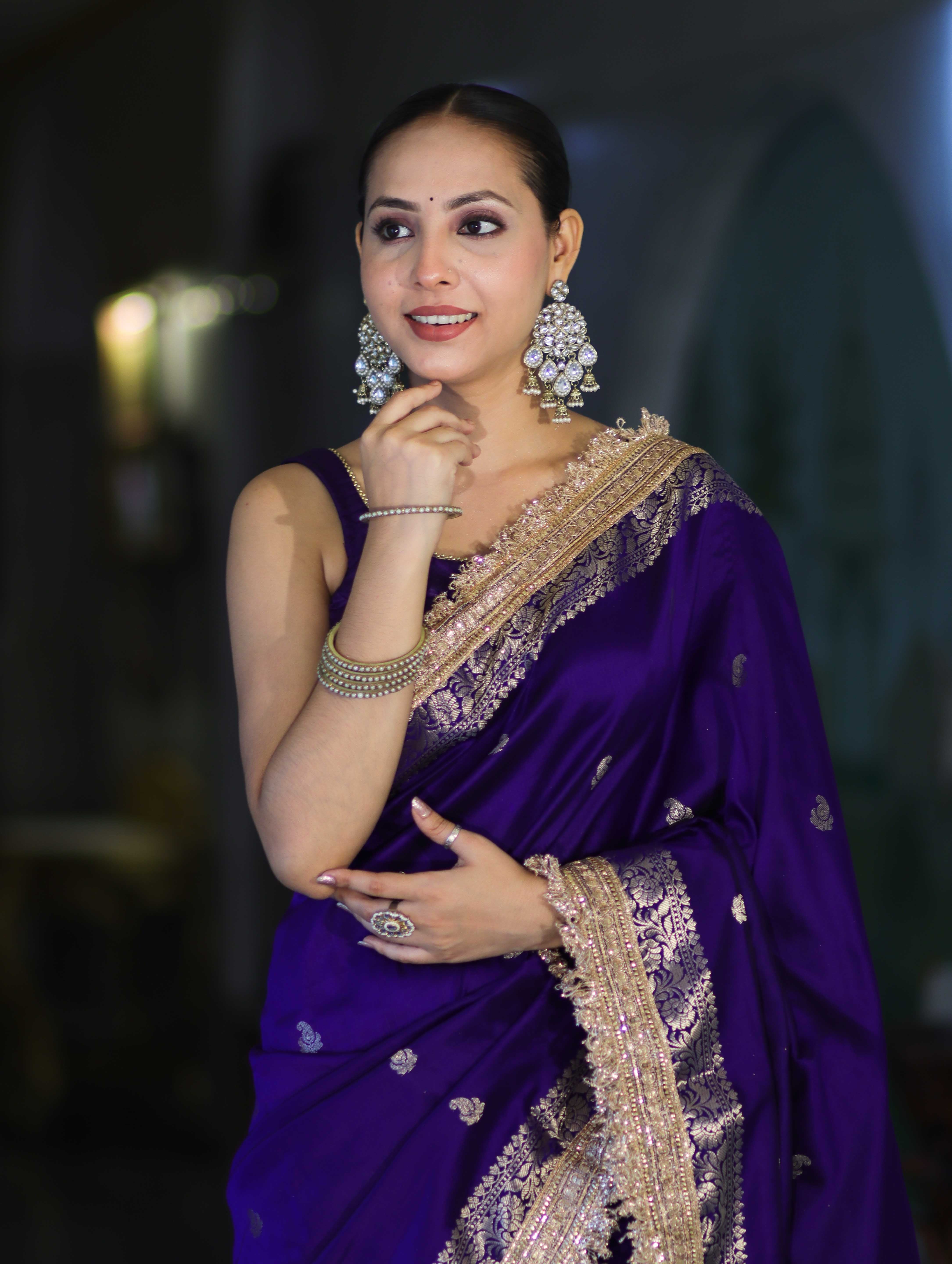 Banarasee Handloom Semi Silk Saree With Zari Buti Design Border & Lace-Violet