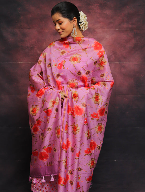 Banarasee Chanderi Cotton Embroidered Salwar Kameez Fabric With Digital Print Dupatta-Lilac