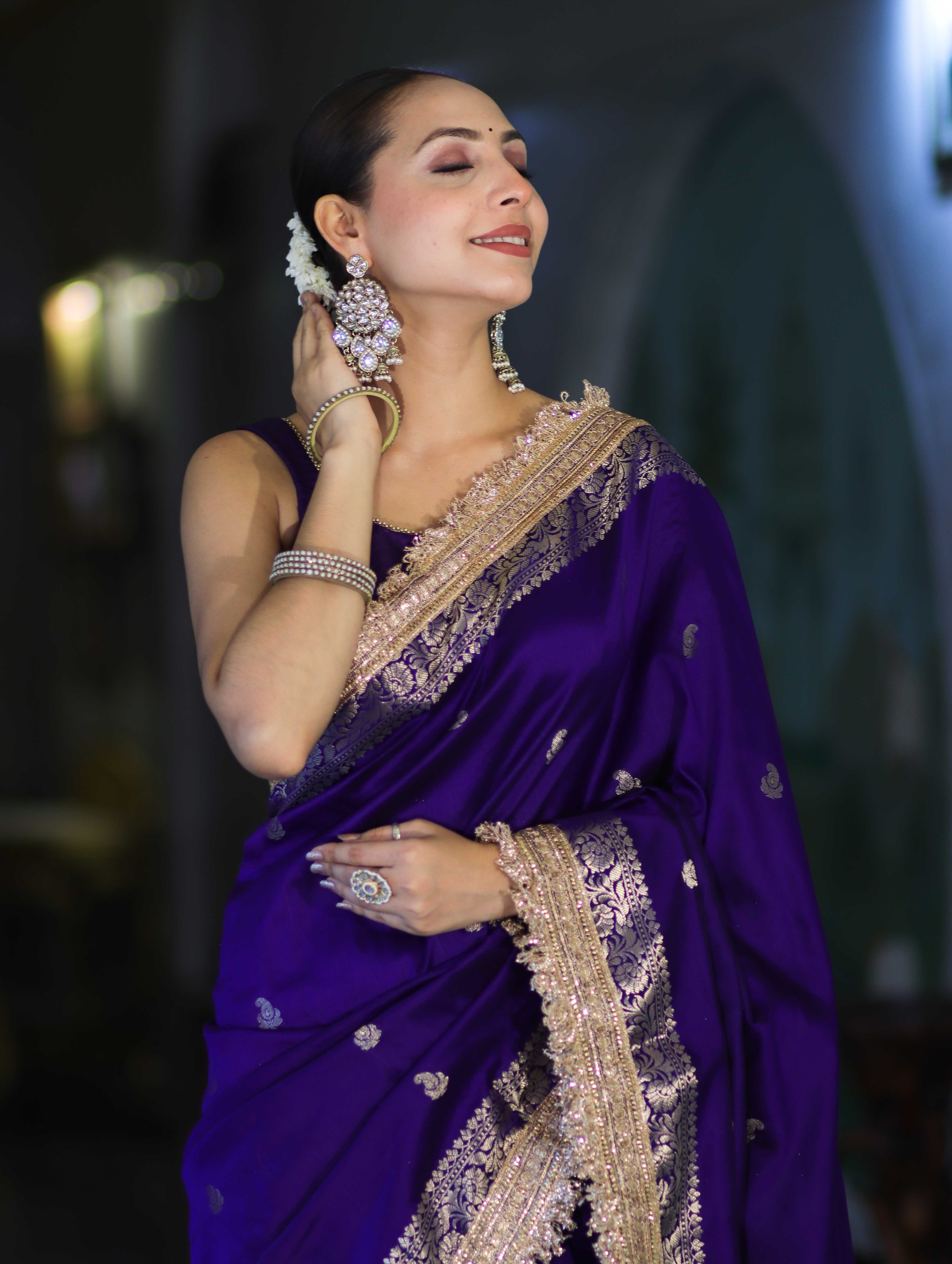Banarasee Handloom Semi Silk Saree With Zari Buti Design Border & Lace-Violet