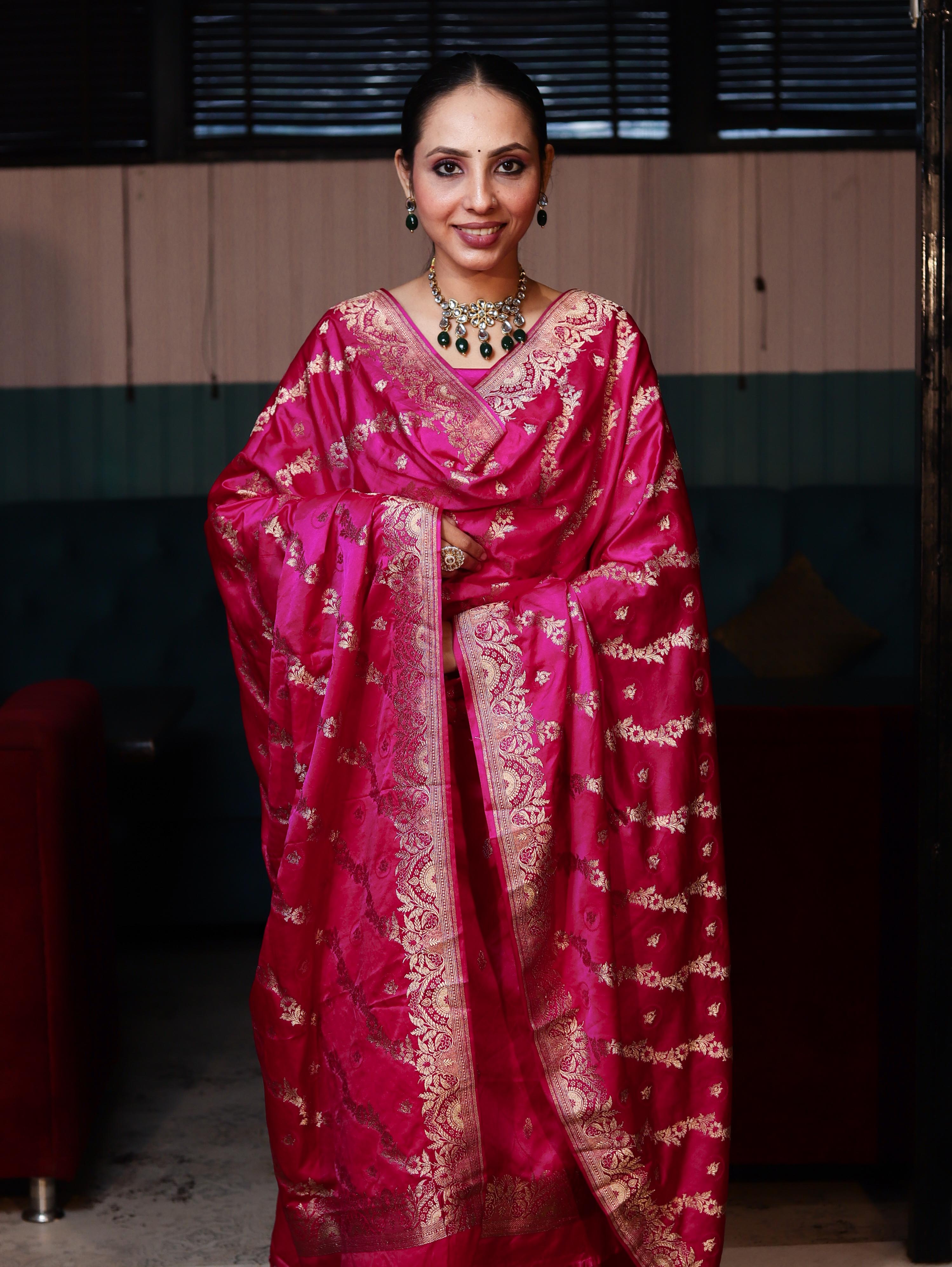Banarasee Semi Katan Silk Zari Work Salwar Kameez Fabric With Dupatta Set-Magenta
