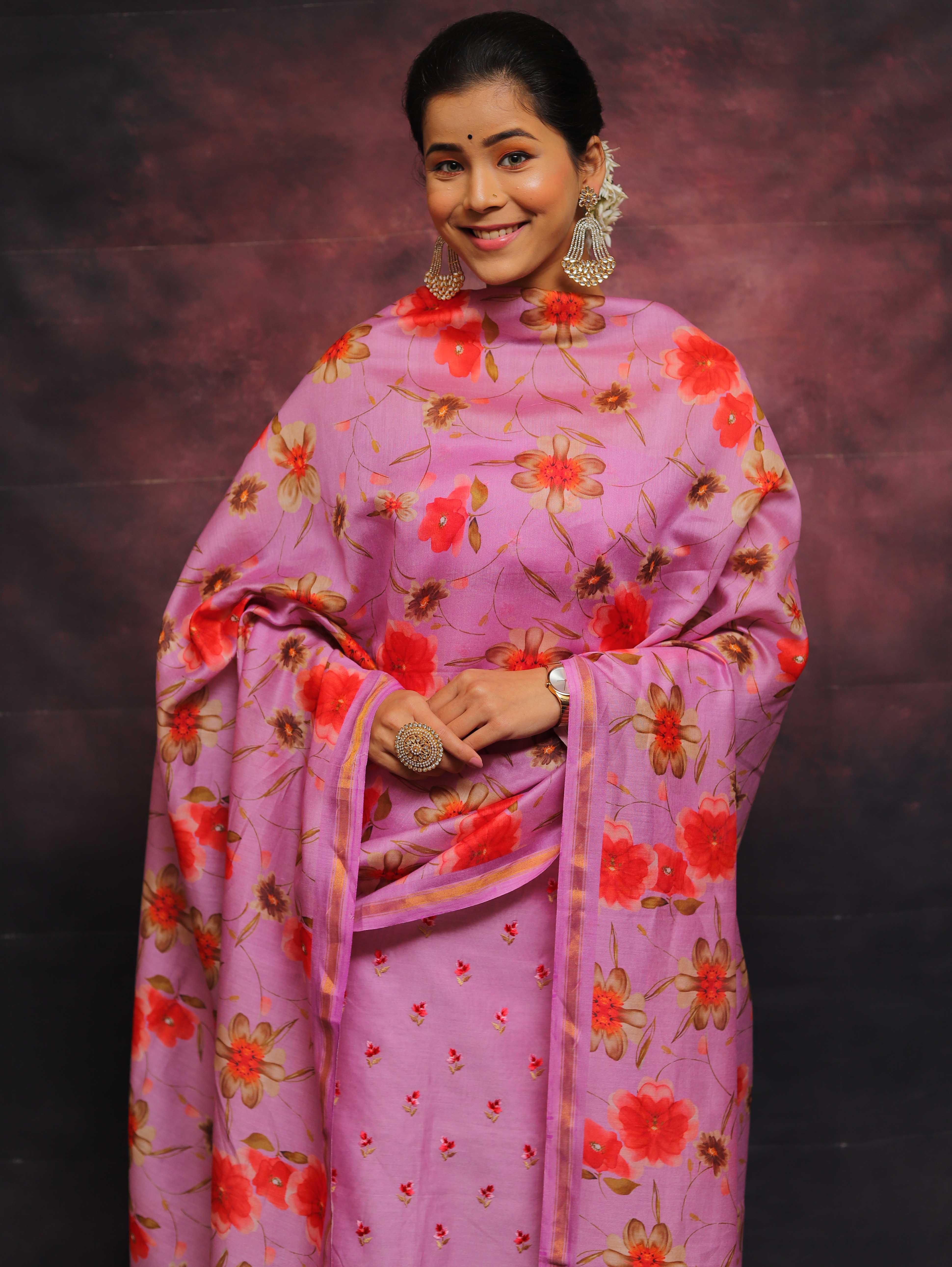 Banarasee Chanderi Cotton Embroidered Salwar Kameez Fabric With Digital Print Dupatta-Lilac