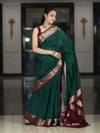 Banarasee Handloom Plain Semi Silk Saree With Zari Woven Contrast Border-Green & Maroon