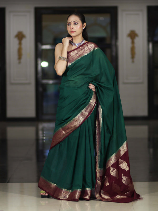 Banarasee Handloom Plain Semi Silk Saree With Zari Woven Contrast Border-Green & Maroon