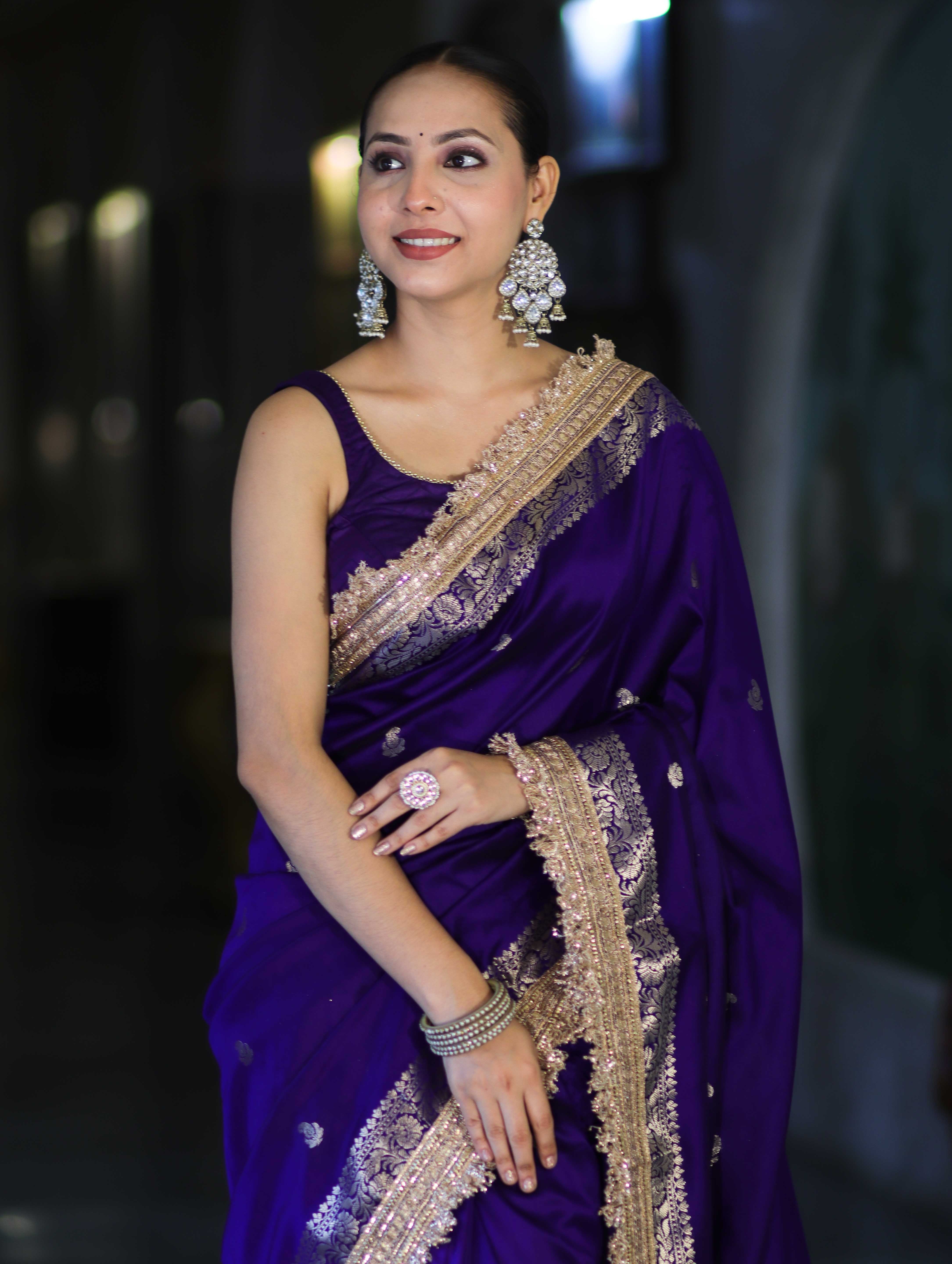 Banarasee Handloom Semi Silk Saree With Zari Buti Design Border & Lace-Violet