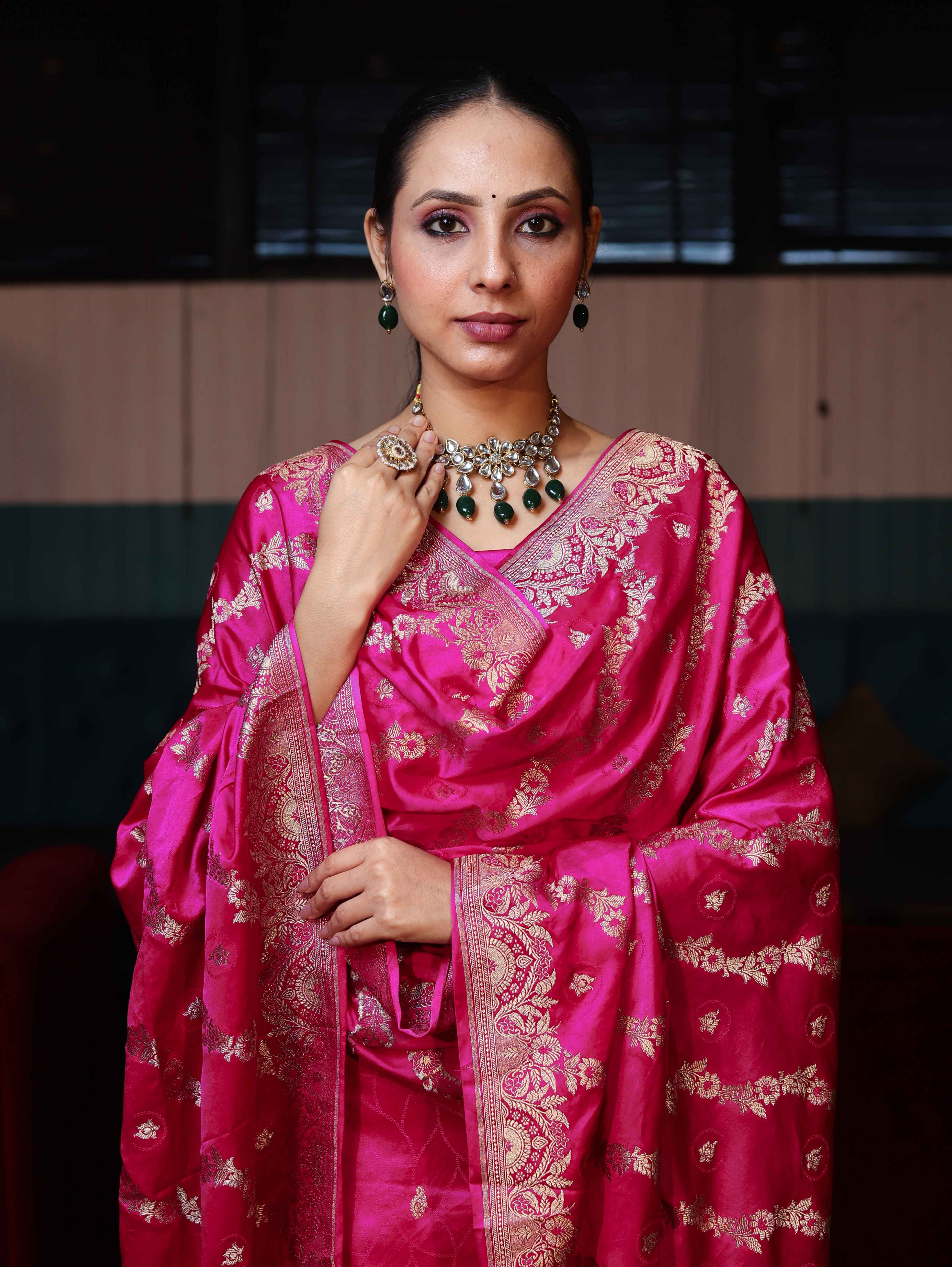 Banarasee Semi Katan Silk Zari Work Salwar Kameez Fabric With Dupatta Set-Magenta