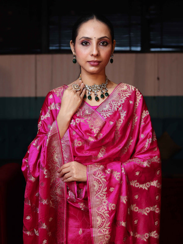 Banarasee Semi Katan Silk Zari Work Salwar Kameez Fabric With Dupatta Set-Magenta