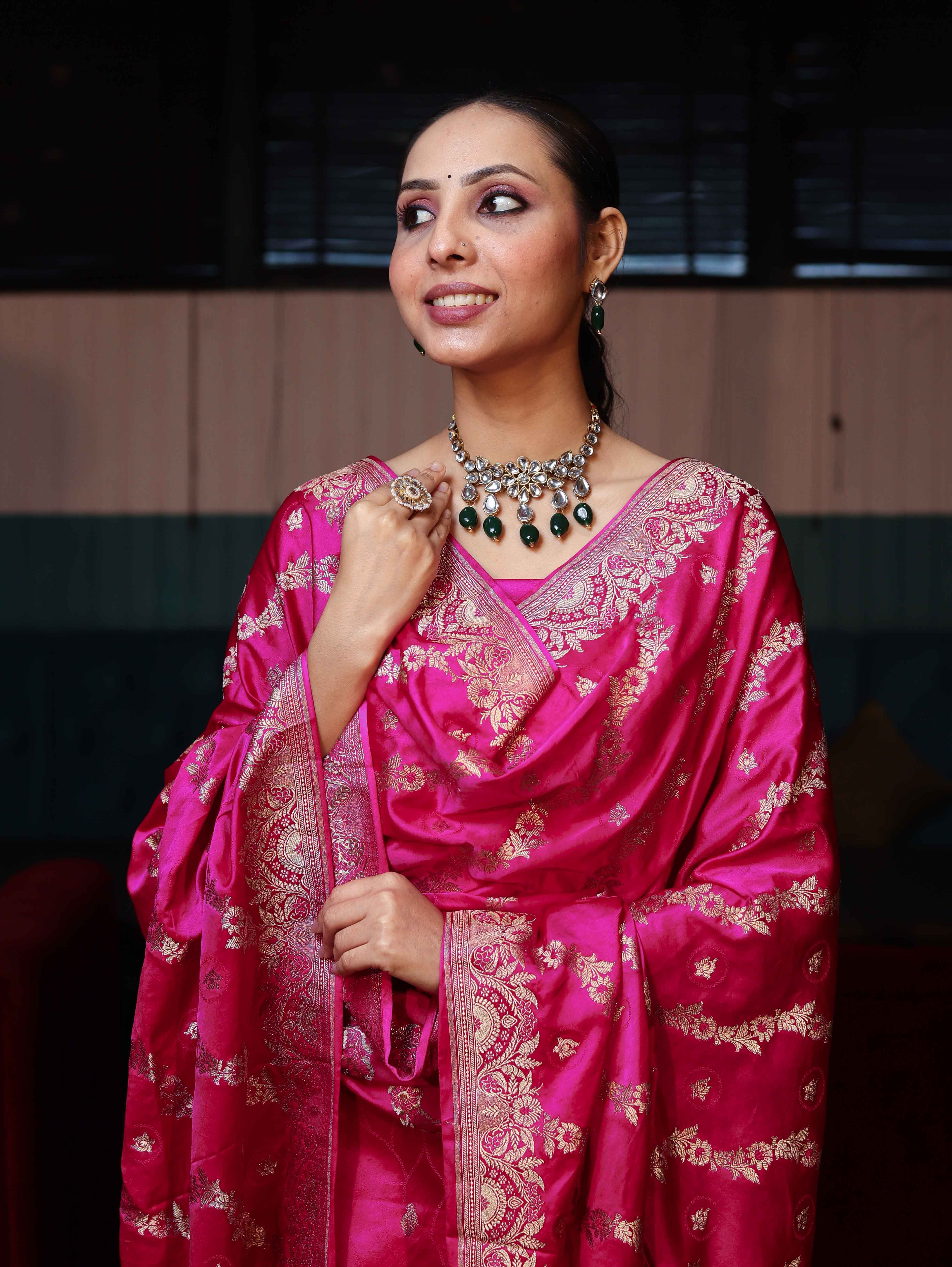 Banarasee Semi Katan Silk Zari Work Salwar Kameez Fabric With Dupatta Set-Magenta