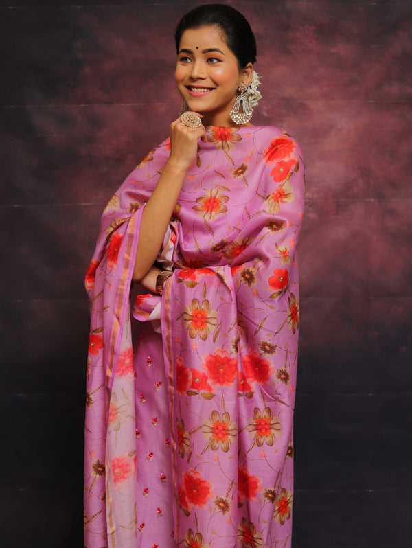 Banarasee Chanderi Cotton Embroidered Salwar Kameez Fabric With Digital Print Dupatta-Lilac