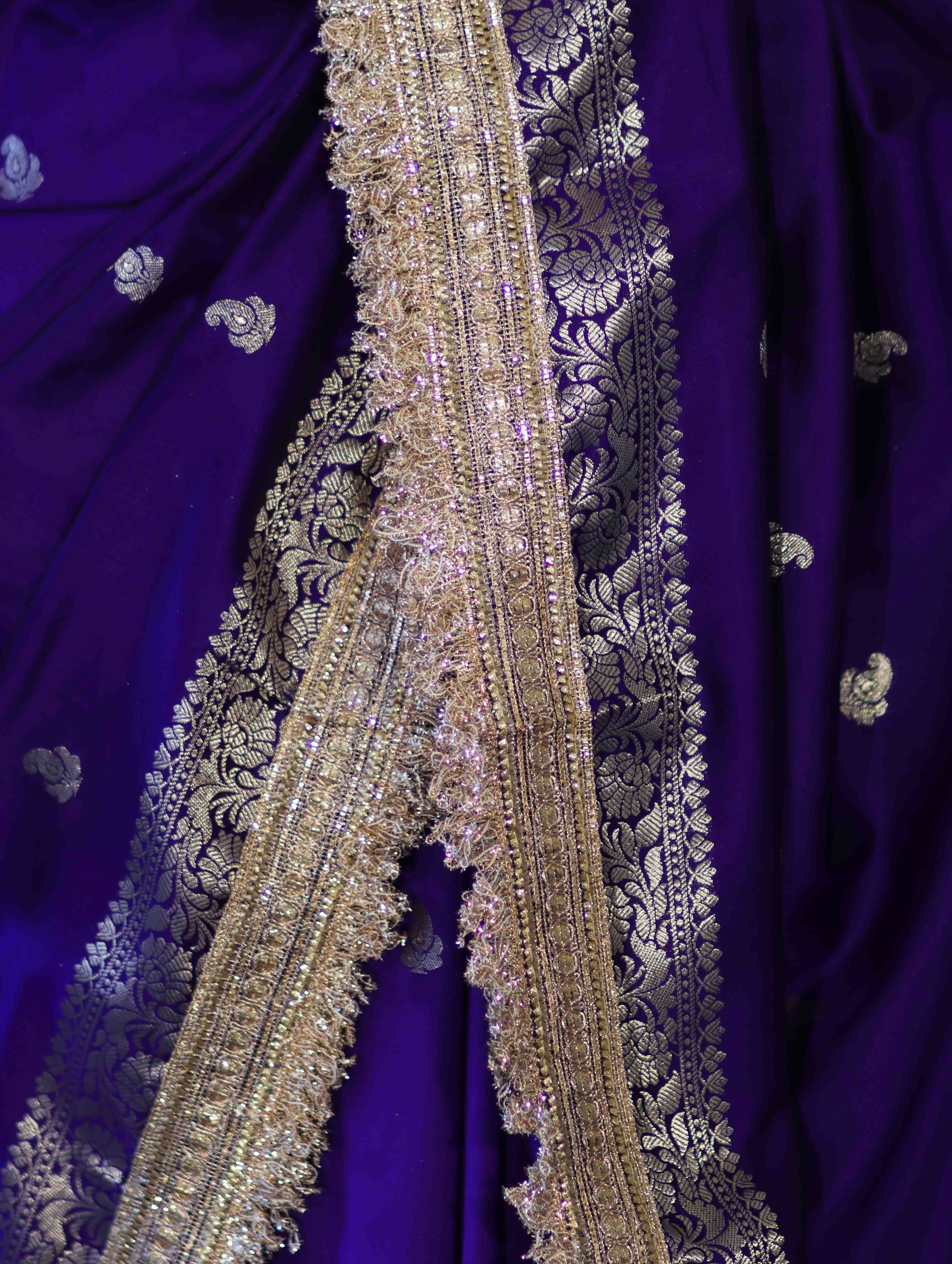 Banarasee Handloom Semi Silk Saree With Zari Buti Design Border & Lace-Violet