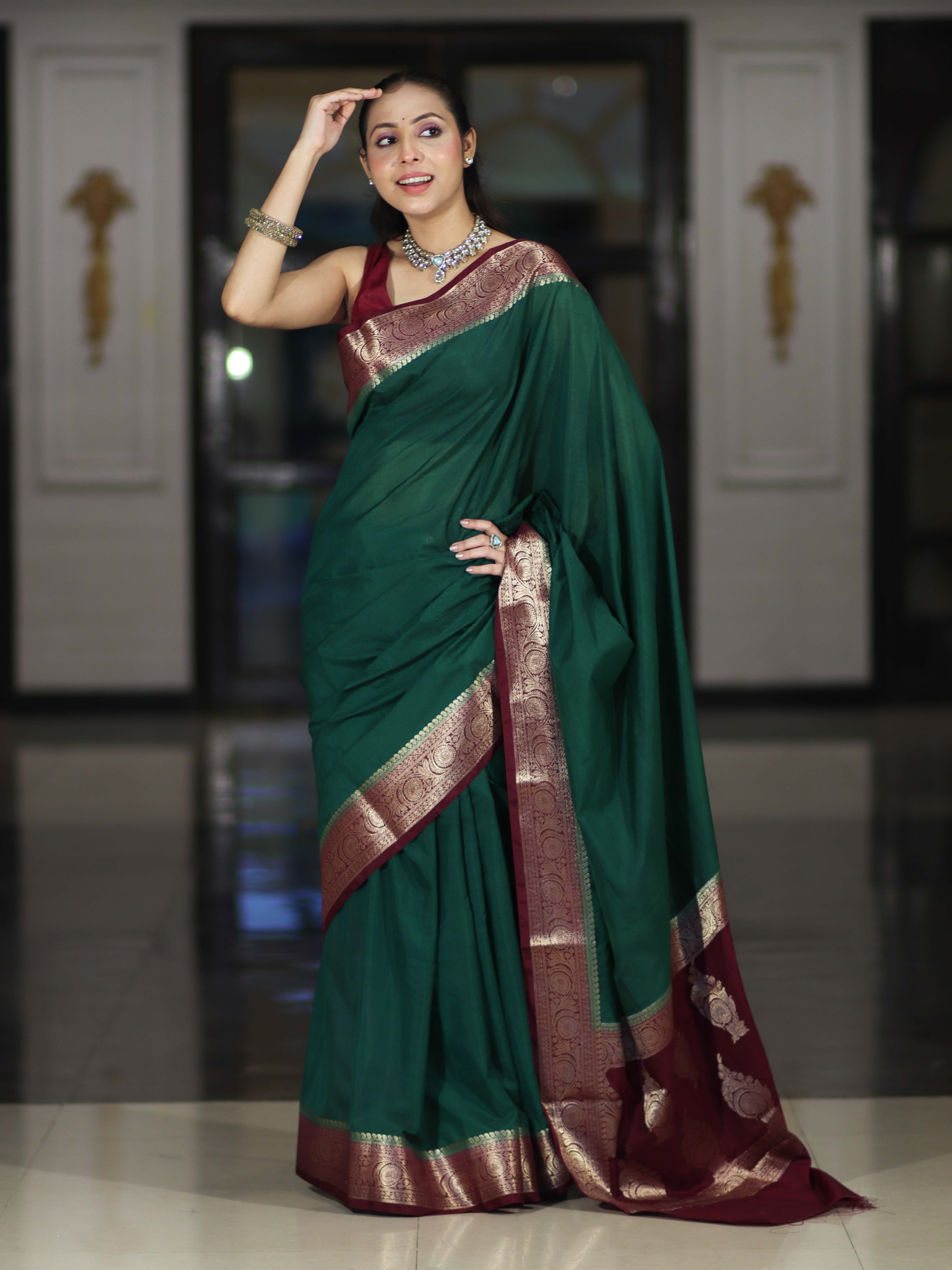 Banarasee Handloom Plain Semi Silk Saree With Zari Woven Contrast Border-Green & Maroon