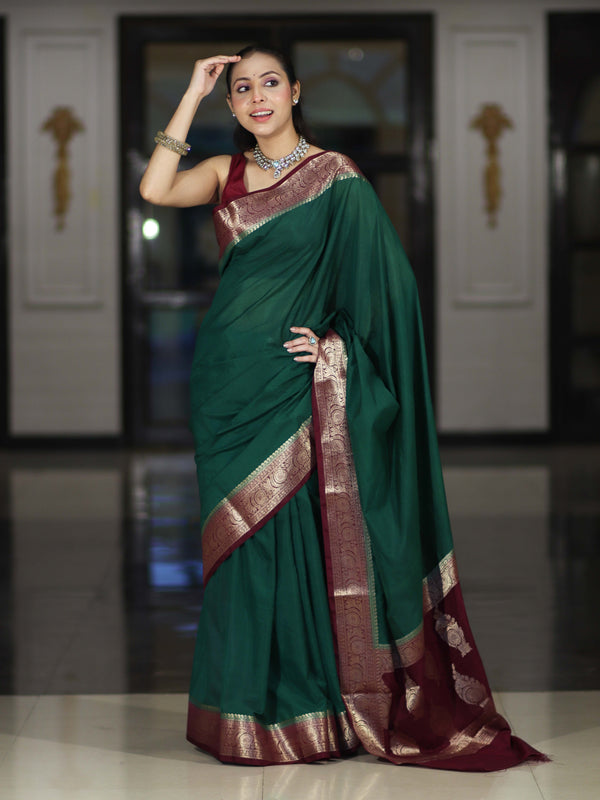 Banarasee Handloom Plain Semi Silk Saree With Zari Woven Contrast Border-Green & Maroon