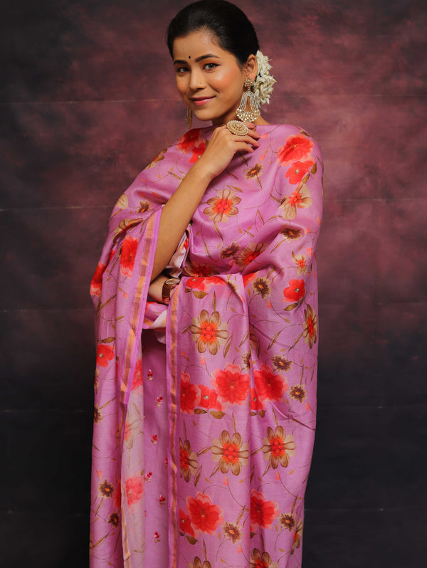 Banarasee Chanderi Cotton Embroidered Salwar Kameez Fabric With Digital Print Dupatta-Lilac