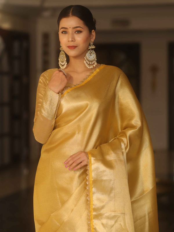 Banarasee Handwoven Tissue Zari Saree With Lace-Gold