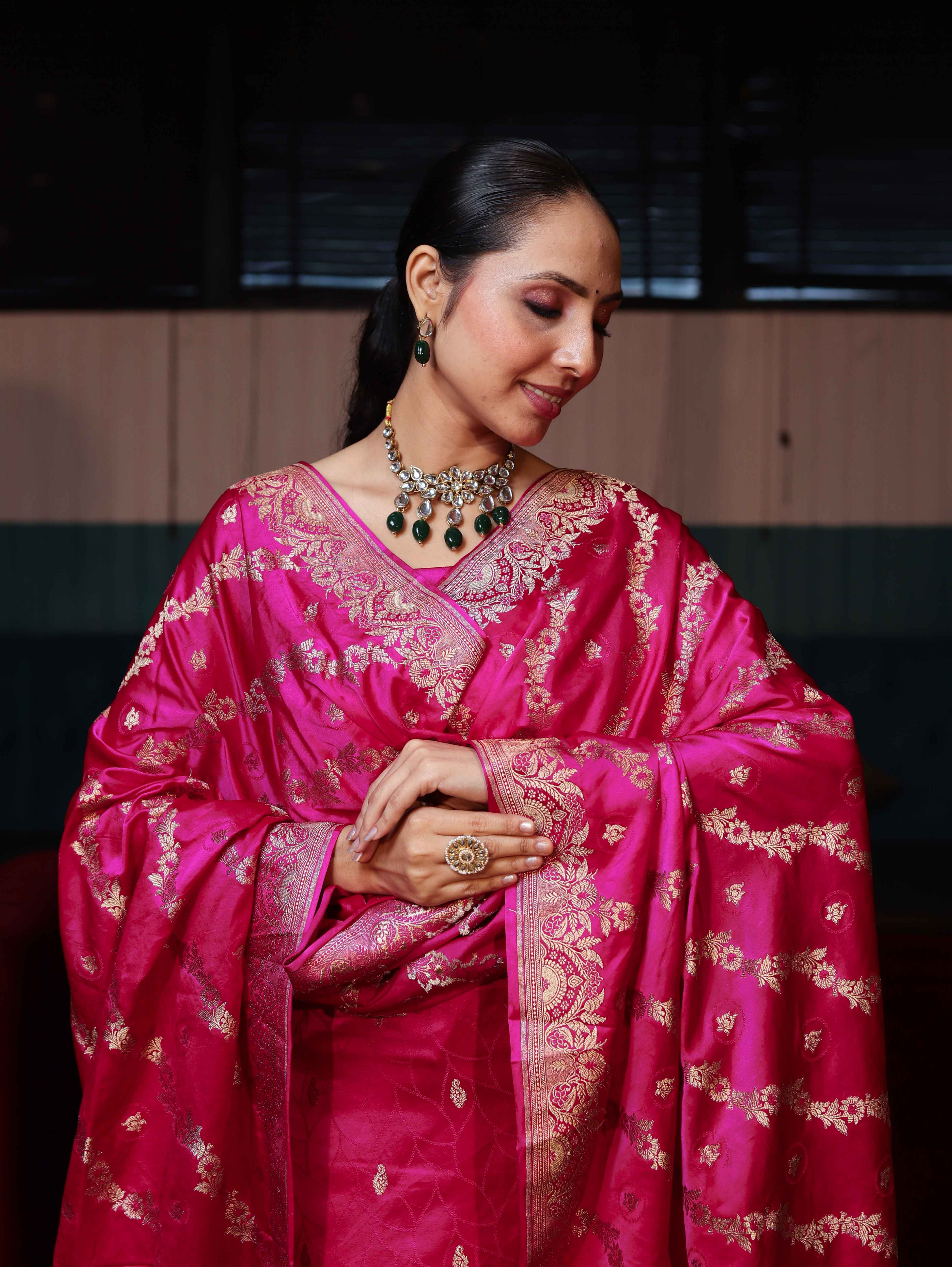 Banarasee Semi Katan Silk Zari Work Salwar Kameez Fabric With Dupatta Set-Magenta