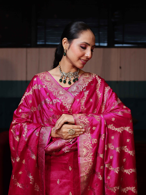 Banarasee Semi Katan Silk Zari Work Salwar Kameez Fabric With Dupatta Set-Magenta