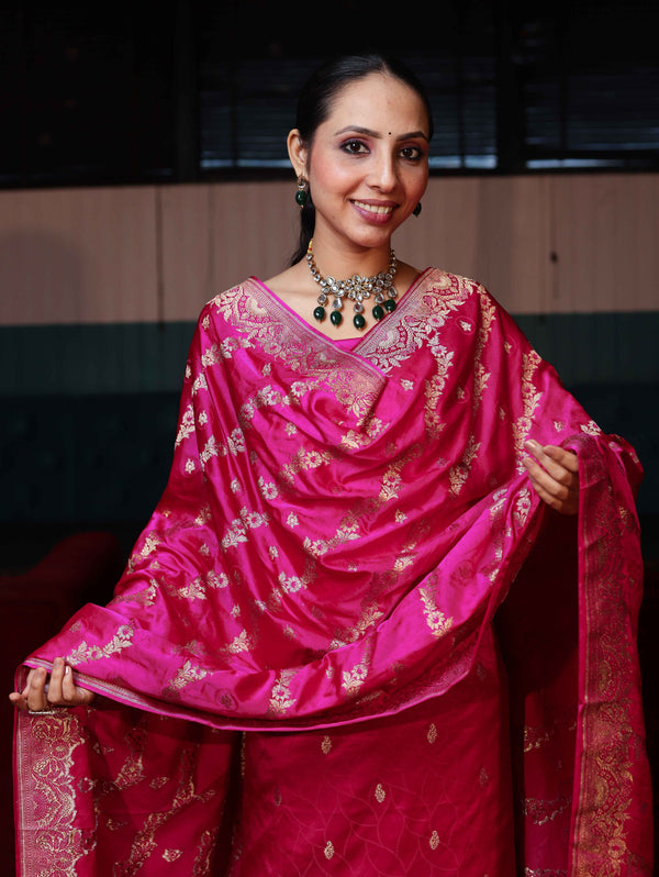 Banarasee Semi Katan Silk Zari Work Salwar Kameez Fabric With Dupatta Set-Magenta