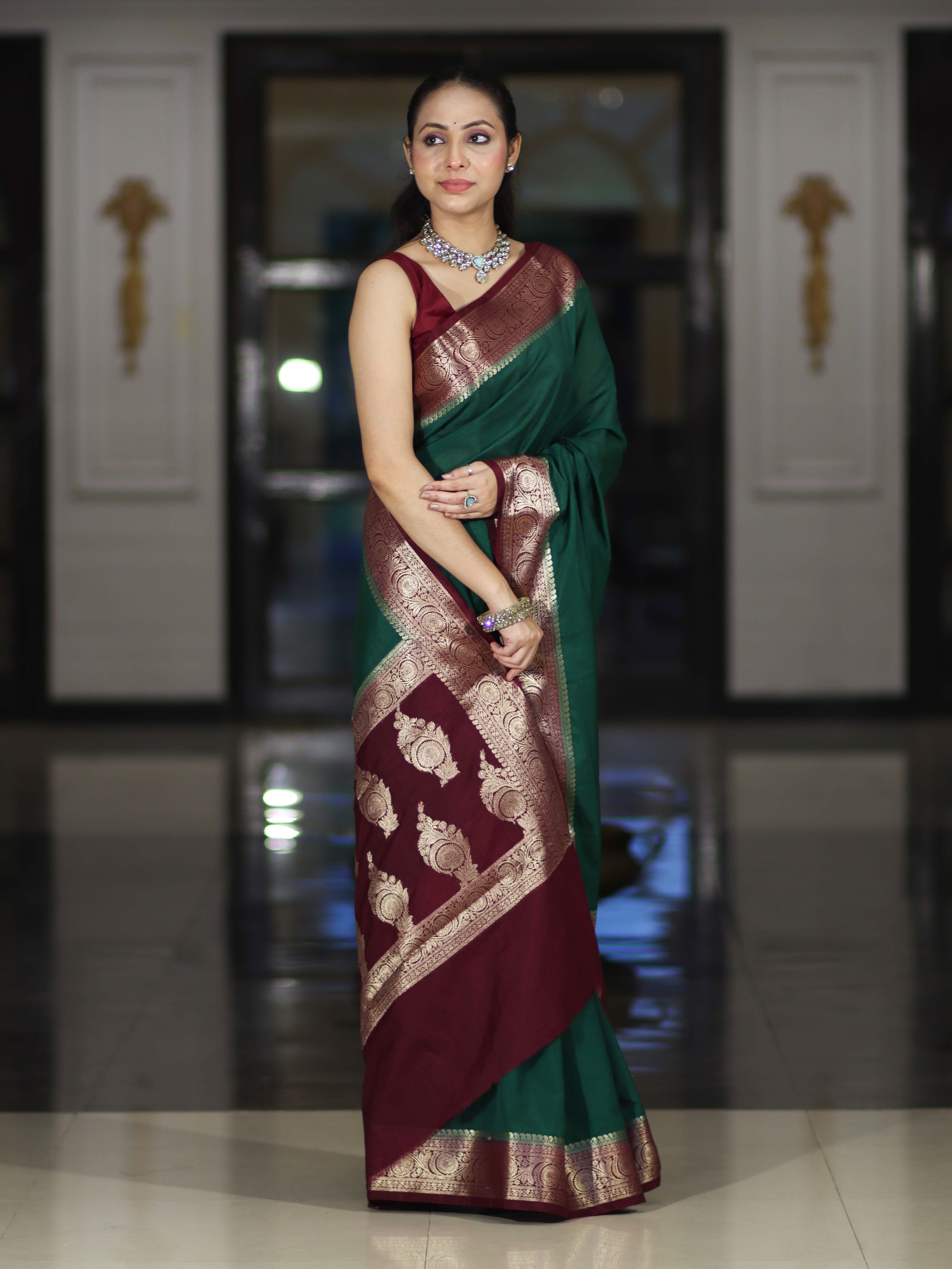 Banarasee Handloom Plain Semi Silk Saree With Zari Woven Contrast Border-Green & Maroon