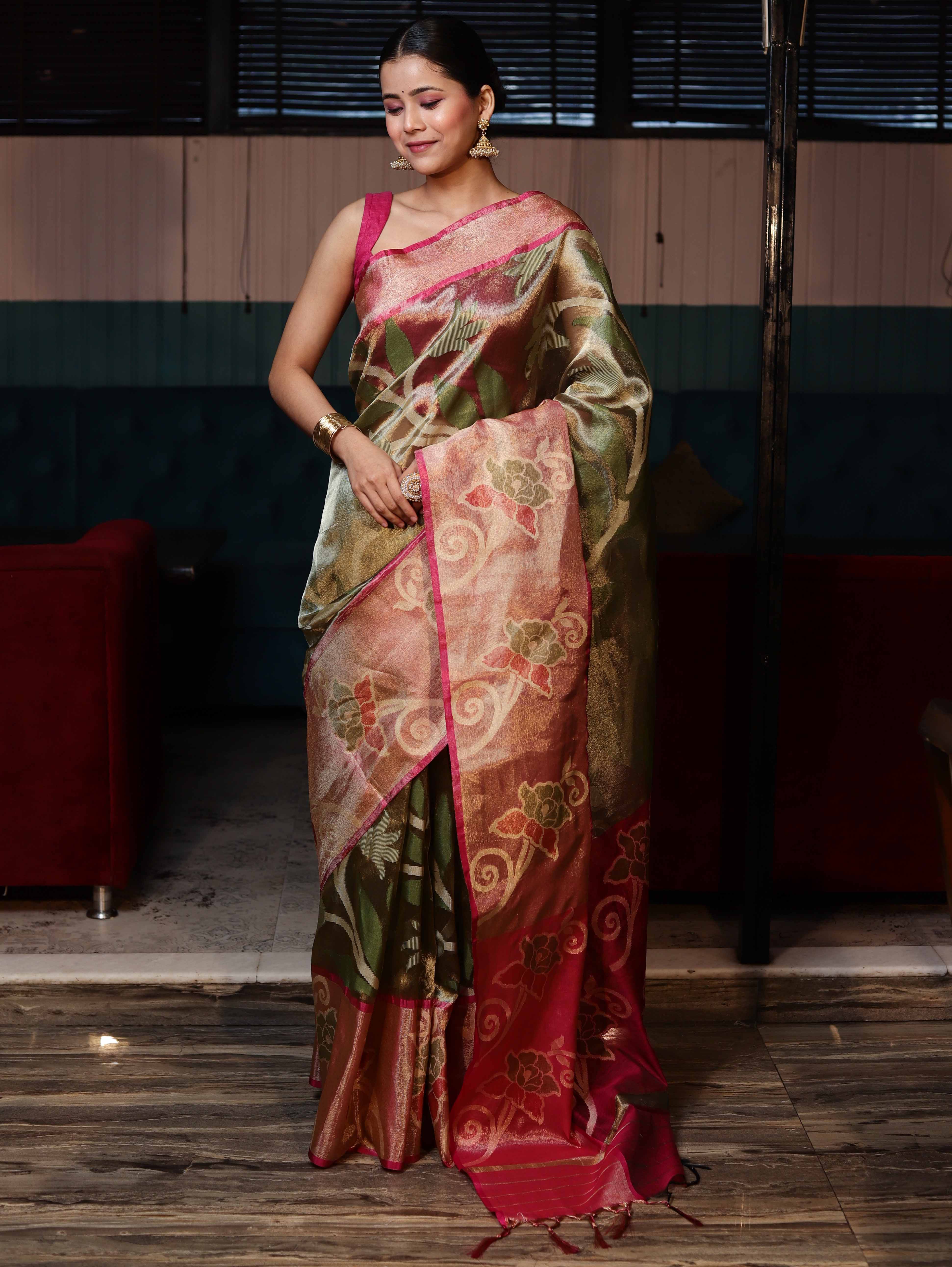 Banarasee Handwoven Tissue Saree With Resham Work & Contrast Border-Green & Pink