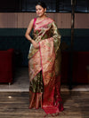 Banarasee Handwoven Tissue Saree With Resham Work & Contrast Border-Green & Pink
