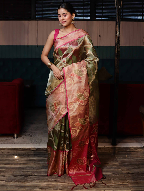 Banarasee Handwoven Tissue Saree With Resham Work & Contrast Border-Green & Pink