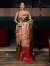 Banarasee Handwoven Tissue Saree With Resham Work & Contrast Border-Green & Pink