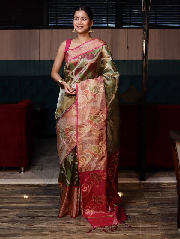 Banarasee Handwoven Tissue Saree With Resham Work & Contrast Border-Green & Pink