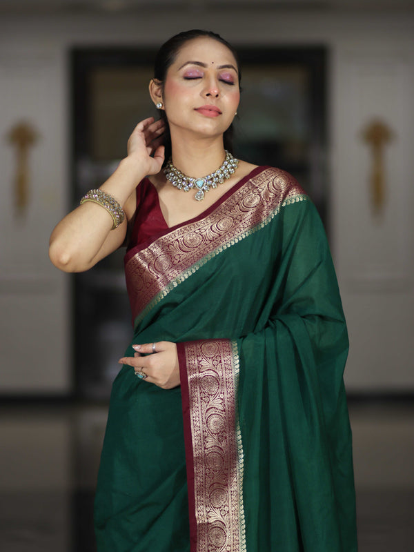 Banarasee Handloom Plain Semi Silk Saree With Zari Woven Contrast Border-Green & Maroon