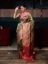 Banarasee Handwoven Tissue Saree With Resham Work & Contrast Border-Green & Pink