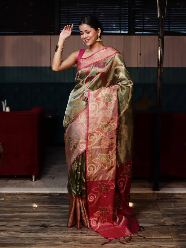 Banarasee Handwoven Tissue Saree With Resham Work & Contrast Border-Green & Pink