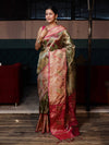 Banarasee Handwoven Tissue Saree With Resham Work & Contrast Border-Green & Pink