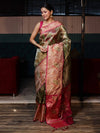 Banarasee Handwoven Tissue Saree With Resham Work & Contrast Border-Green & Pink