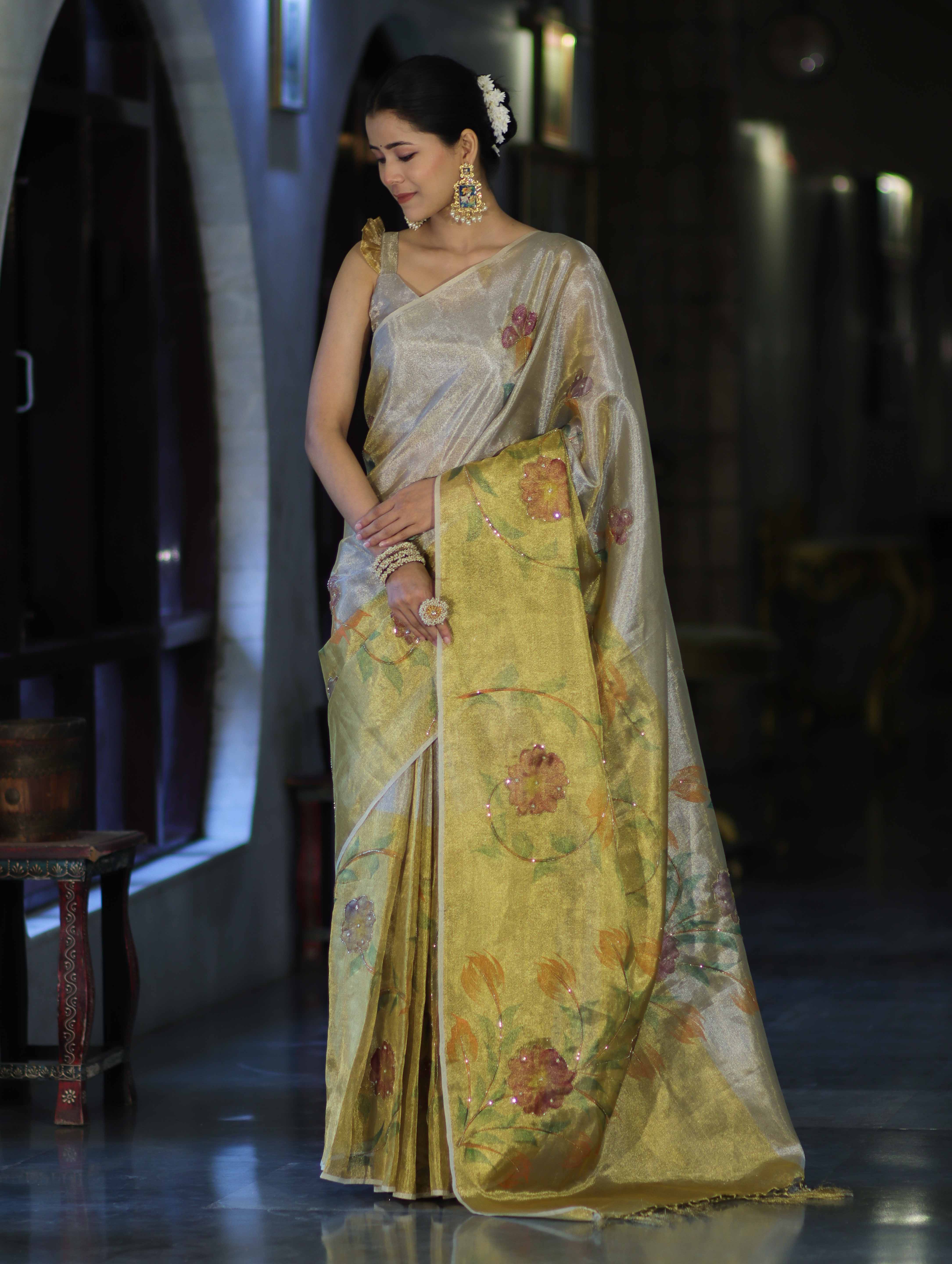 Banarasee Tissue Saree With Hand Embroidered Cutdana Work & Digital Prints-Gold & Silver