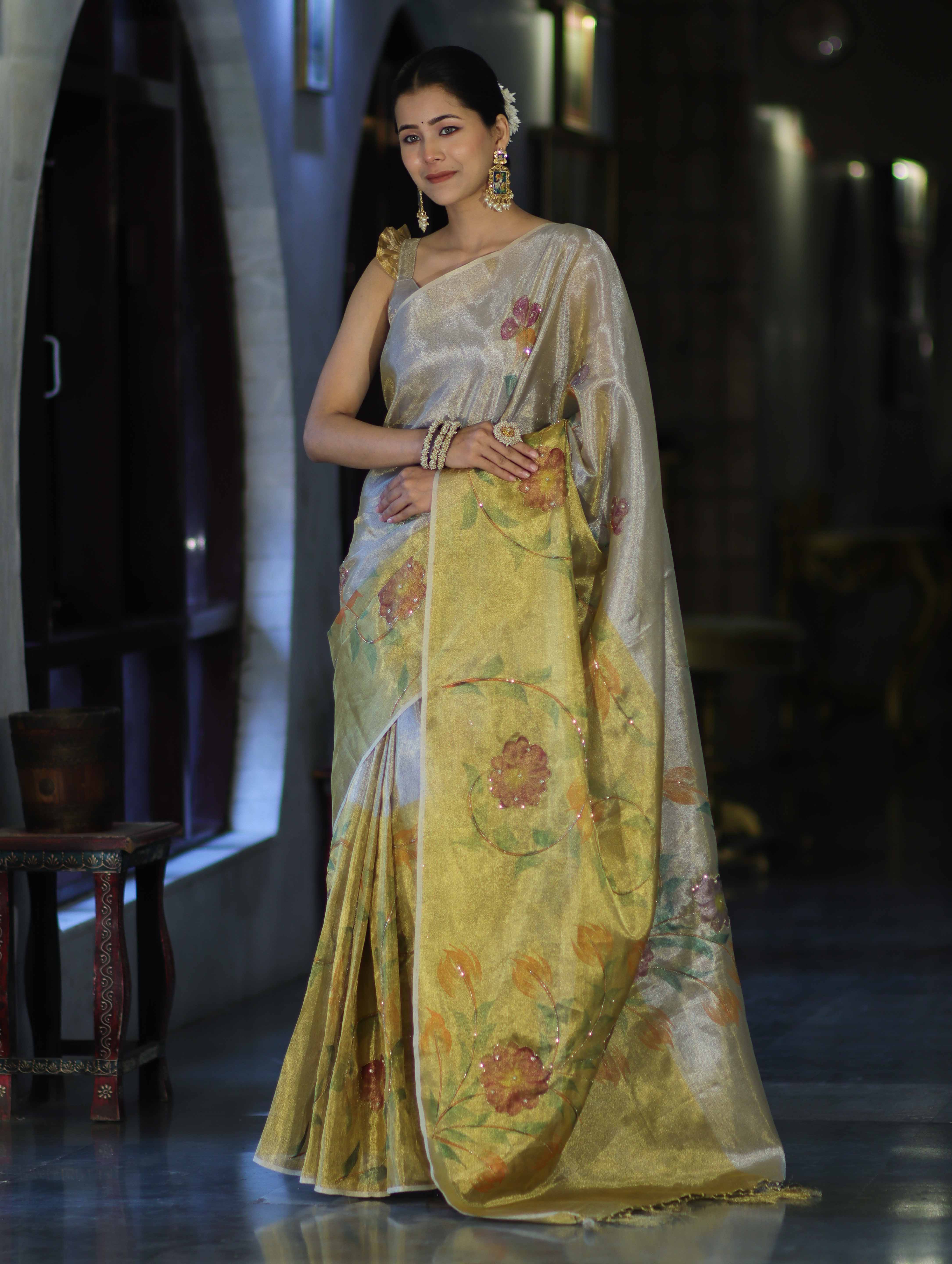 Banarasee Tissue Saree With Hand Embroidered Cutdana Work & Digital Prints-Gold & Silver