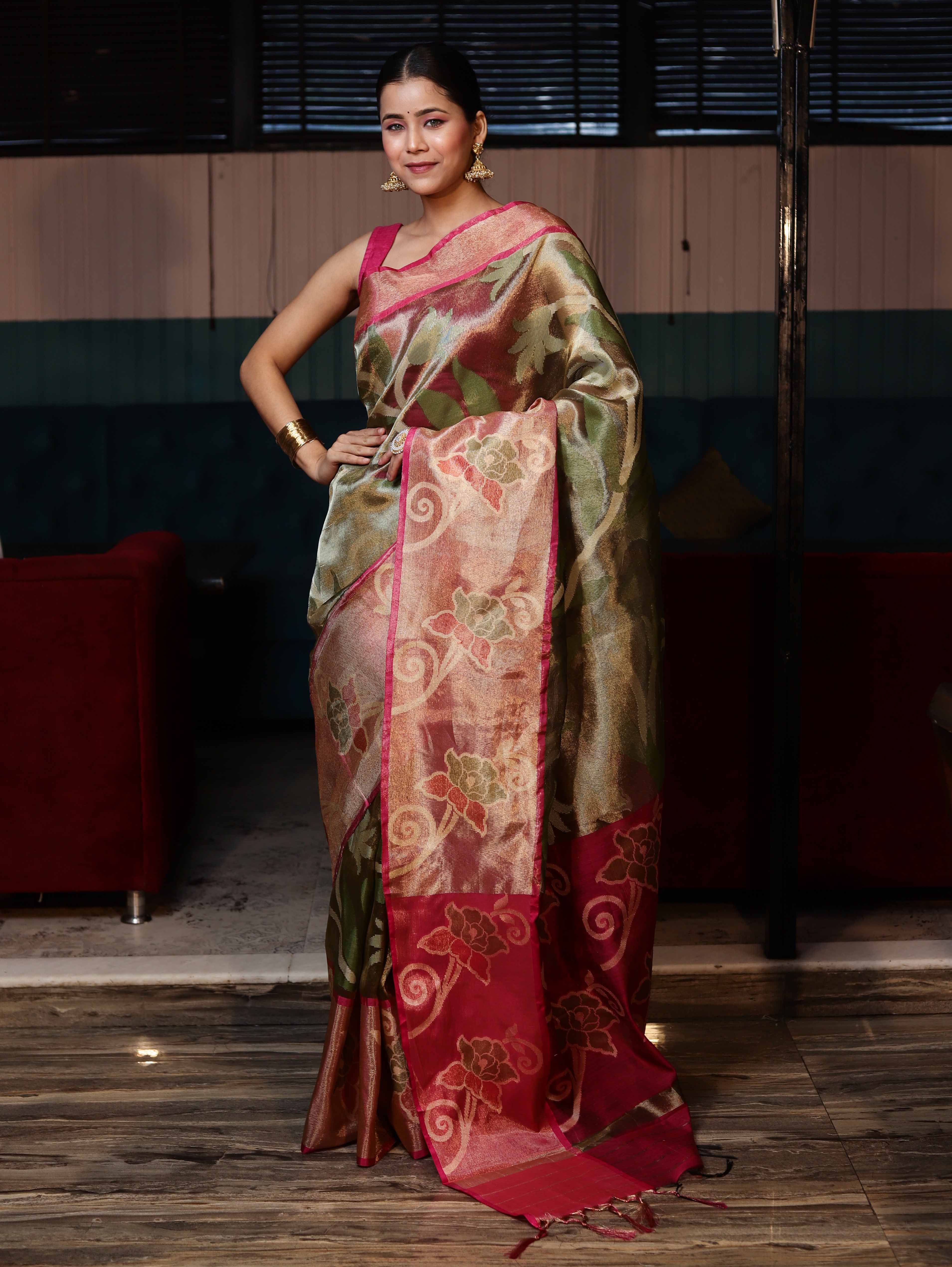 Banarasee Handwoven Tissue Saree With Resham Work & Contrast Border-Green & Pink