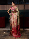 Banarasee Handwoven Tissue Saree With Resham Work & Contrast Border-Green & Pink